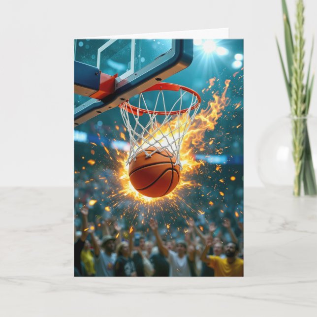 Grandson's Birthday Flaming Basketball In the Net Card (Front)