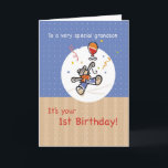 Grandson's First Birthday with Bear and Balloon Card<br><div class="desc">This cute teddy bear is flying away on his balloon to wish your grandson a happy first birthday!</div>