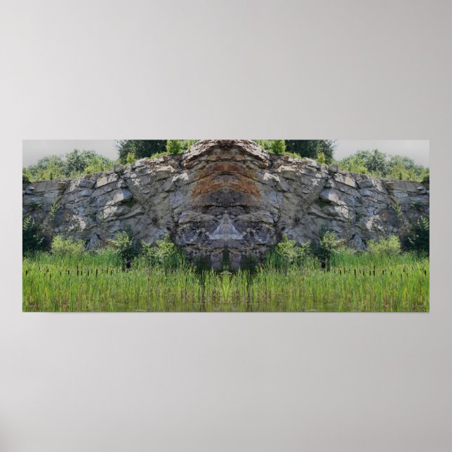 Granite Rock Cliff Cattails Pond Mirror Abstract Poster (Front)
