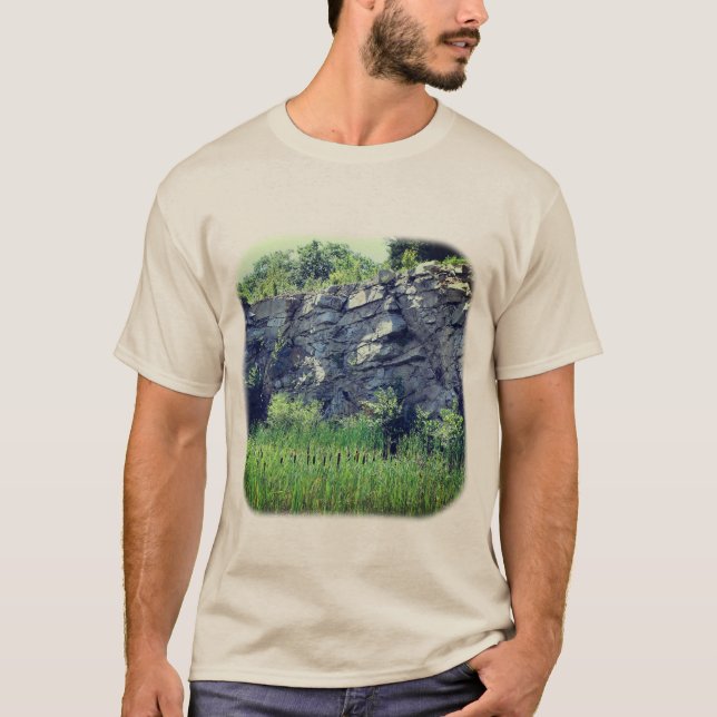 Granite Rock Wall Cattails Pond Nature  T-Shirt (Front)