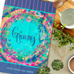 Granny Blue Pretty Floral Hearts Personalised Tea Towel