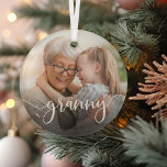Granny Grandma Script Overlay Glass Tree Decoration<br><div class="desc">Create a sweet gift for a special grandmother with this beautiful custom ornament. "Granny" appears as an elegant white script overlay on your favorite photo of grandma and her grandchild or grandchildren.</div>