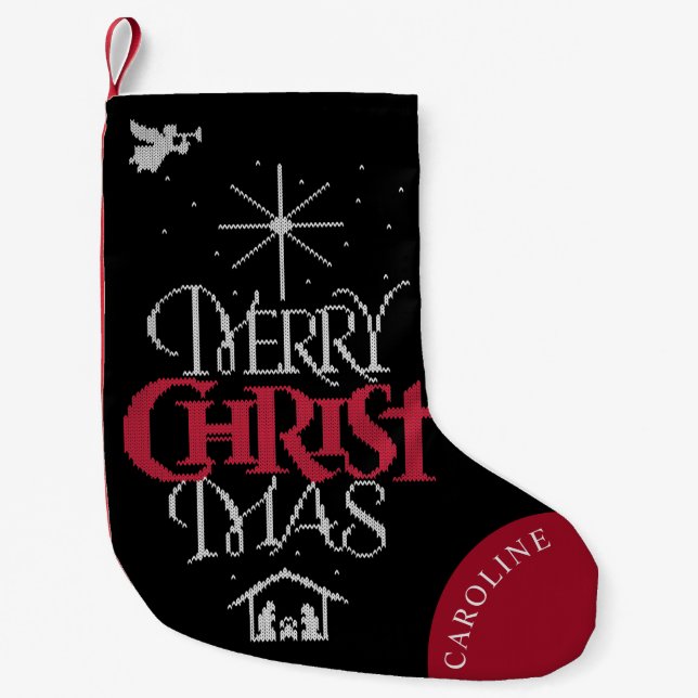 Granny Knit Christian Merry CHRISTmas Calligraphy Small Christmas Stocking (Front)
