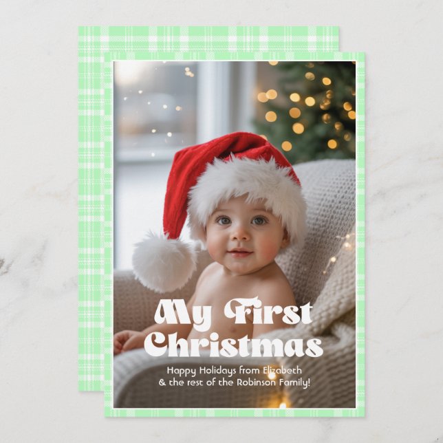 Granny Smith Apple Gingham My First Christmas Baby Holiday Card (Front/Back)
