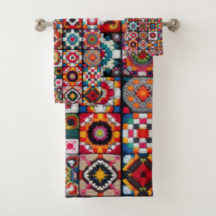 Granny Squares Crochet Pattern Blanket Print  Bath Towel Set