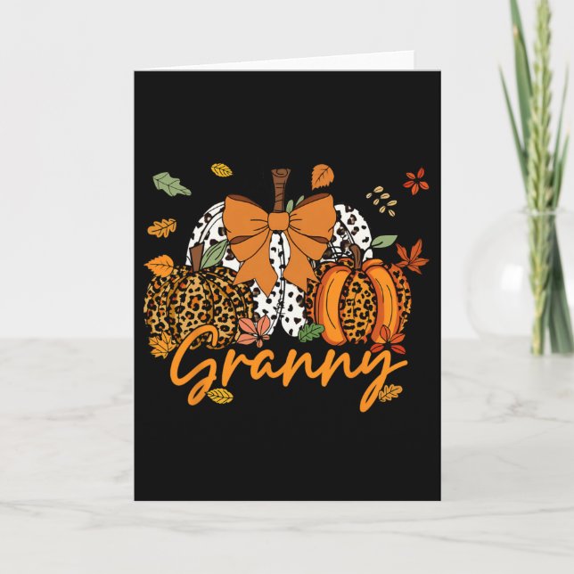Granny Thanksgiving Leopard Pumpkin Coquette Bow M Card (Front)