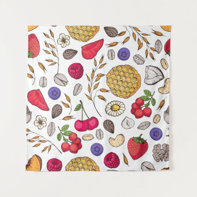 Granola,  muesli seamless pattern. Oat flakes hand Tapestry (Front)