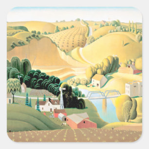 Grant Wood - Stone City, Iowa, fine art painting Square Sticker