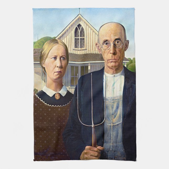 Grant Wood's American Gothic Retro Kitchen Towel (Vertical)