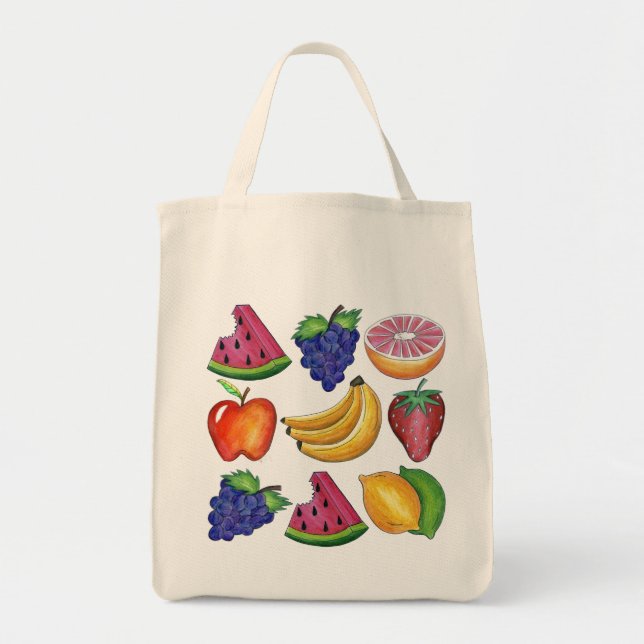Grape Apple Banana Lemon Fruit Fruits Grocery Tote Bag (Front)