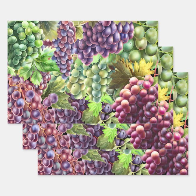 Grape bunches red green grapevine collage  wrapping paper sheet (Set)