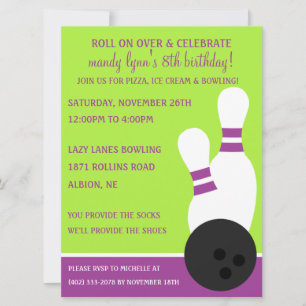 Grape/Lime Roll On Over Bowling Birthday Party Invitation