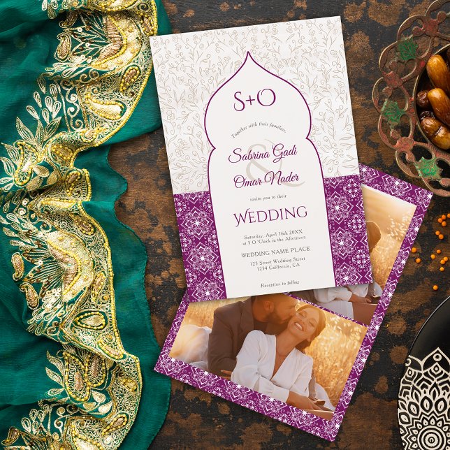 Grape Moroccan floral initials 3 photo wedding Invitation (Creator Uploaded)