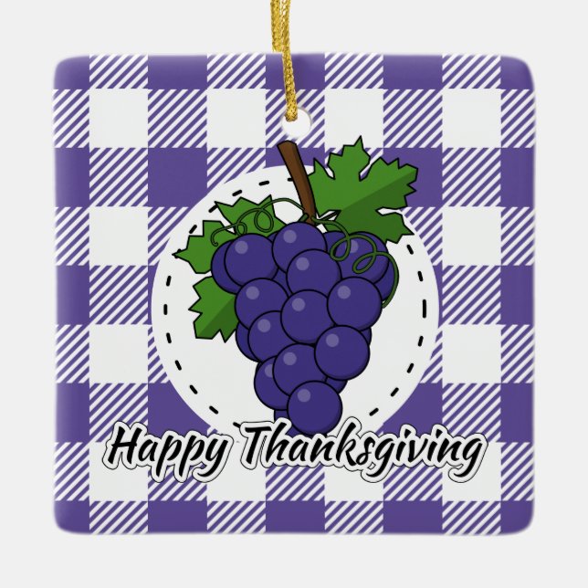 Grape on Violet Plaid - Happy Thanksgiving Ceramic Ornament (Front)