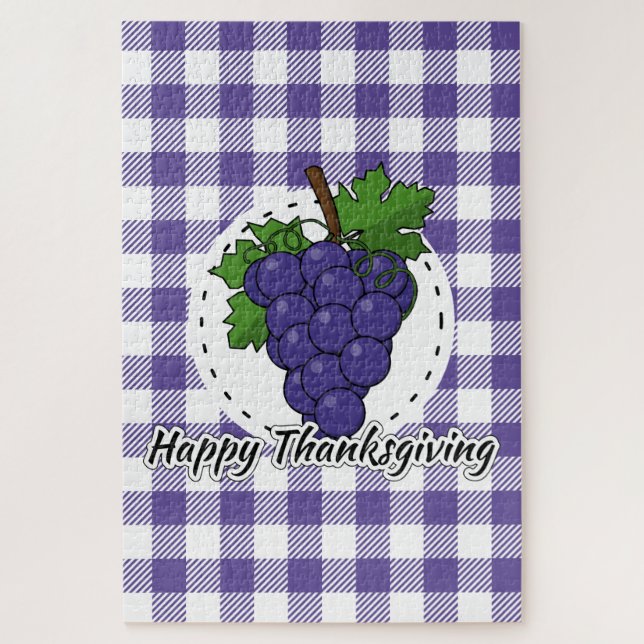 Grape on Violet Plaid - Happy Thanksgiving Jigsaw Puzzle (Vertical)