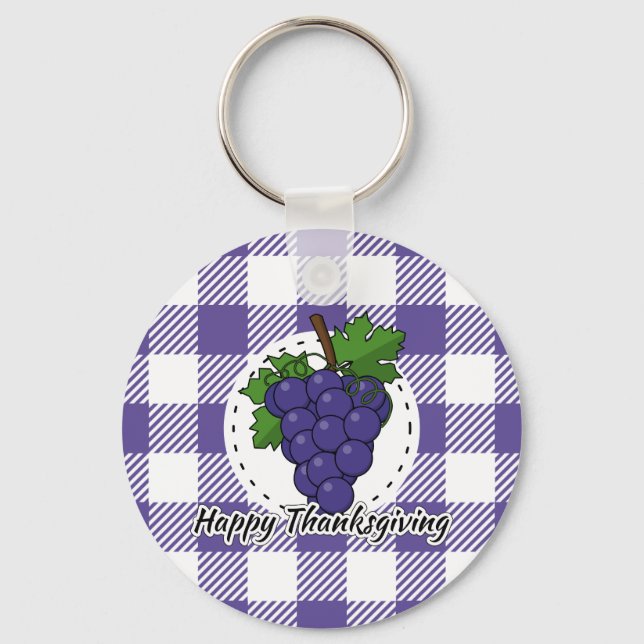 Grape on Violet Plaid - Happy Thanksgiving Key Ring (Front)