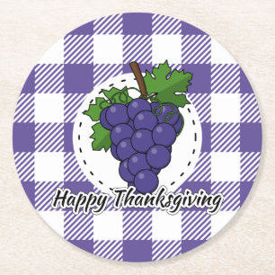Grape on Violet Plaid - Happy Thanksgiving Round Paper Coaster