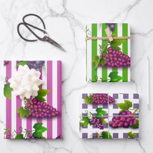 Grape pattern stripes summer fruit vineyard winery wrapping paper sheet (Front)