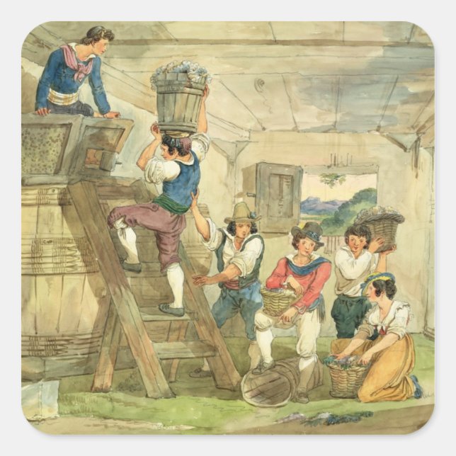 Grape-pickers carrying grapes to the press square sticker (Front)