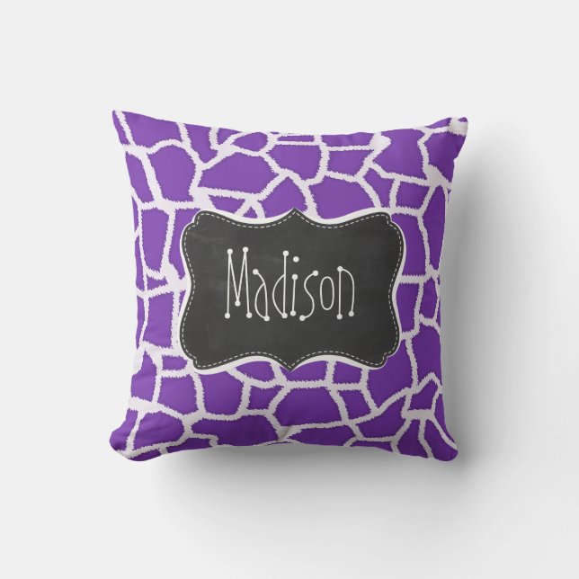 Grape Purple Giraffe Animal Print; Chalkboard look Cushion (Front)