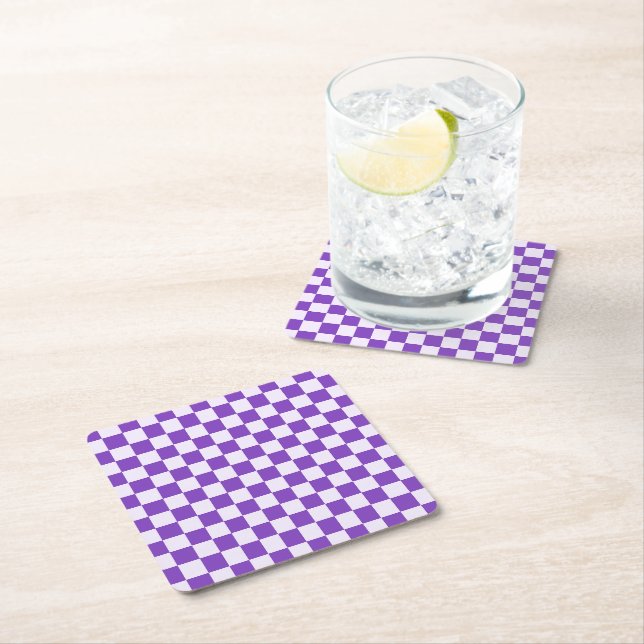 Grape soda chequerboard pattern square paper coaster (Insitu)