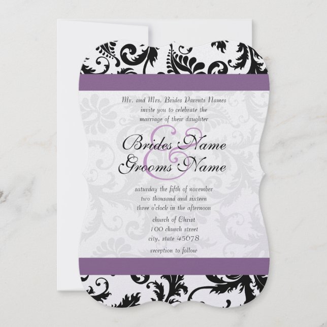 Grape Trim Black Damask Swirls Wedding Invitation (Front)
