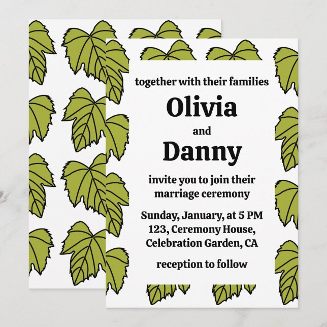 Grape Vine Green Leaves Vines Botanical Wedding Invitation (Front/Back)
