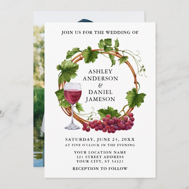 Grape Vines Watercolor Wreath Photo Wedding Invitation (Front/Back)