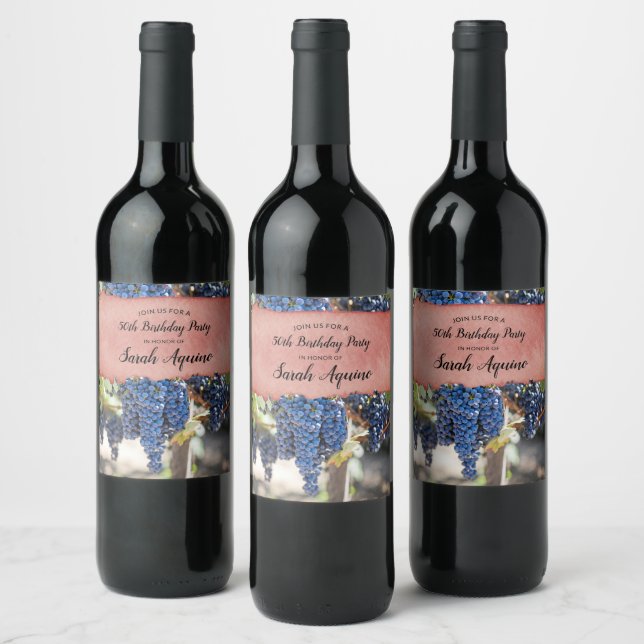 Grape Vines & Wine Stain 50th Birthday Wine Label (Bottles)