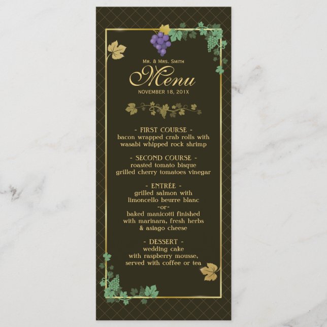 Grape Vines with Gold Frame Wedding Menu Card (Front)
