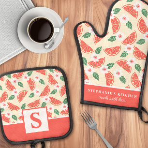 Grapefruit Citrus Floral Cute Summer Monogrammed Oven Mitt & Pot Holder Set
