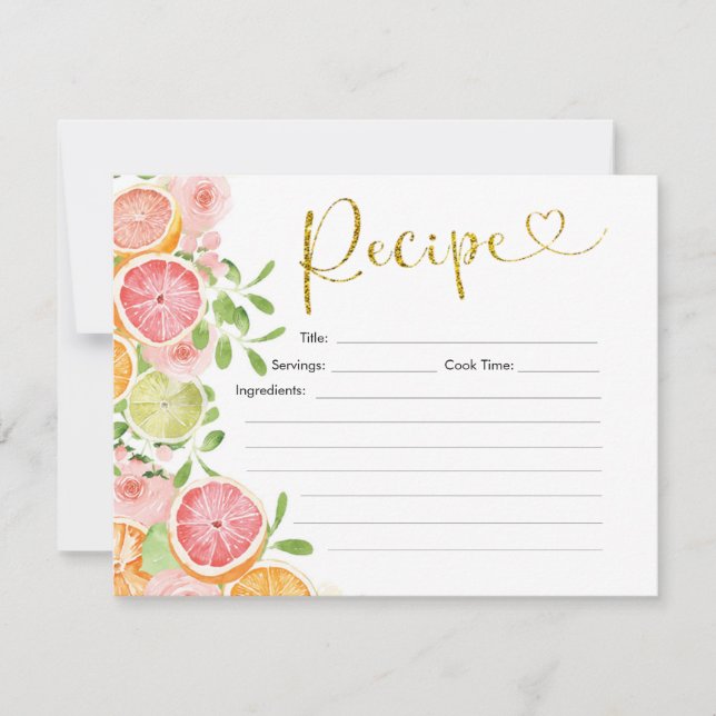 Grapefruit Citrus Fruit Bridal Shower Recipe Card (Front)
