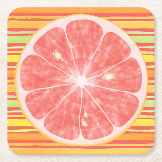 Grapefruit Citrus Slice on Stripes Square Paper Coaster (Front)