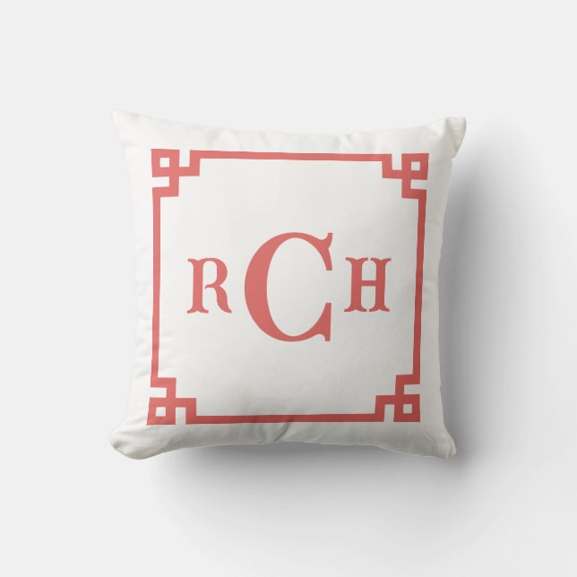 Grapefruit Red Chinoiserie Greek Key Monogram Cushion (Front)