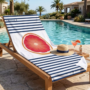 Grapefruit Slice Navy Blue Striped Personalised  Beach Towel