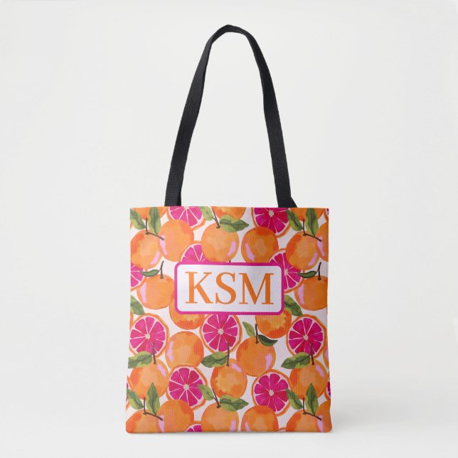 Grapefruit Watercolor Monogram Tote Bag (Front)