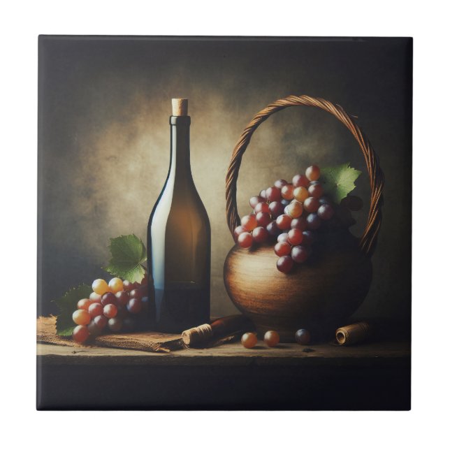 Grapes and a Bottle of Wine Still Life Tile (Front)