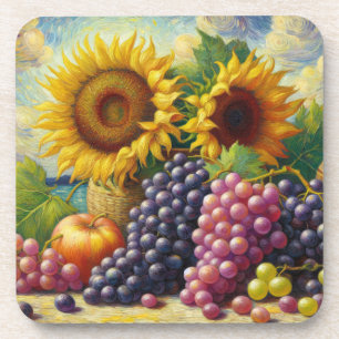 Grapes and Sunflowers Oil Painting Hard Plastic Coaster
