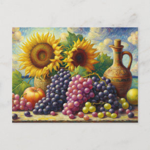 Grapes and Sunflowers Oil Painting Postcard