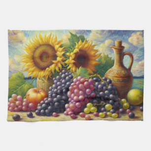 Grapes and Sunflowers Oil Painting Tea Towel