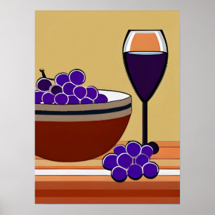 Grapes and Wineglass in Maroon and Tan Poster