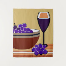 Grapes and Wineglass in Maroon and Tan