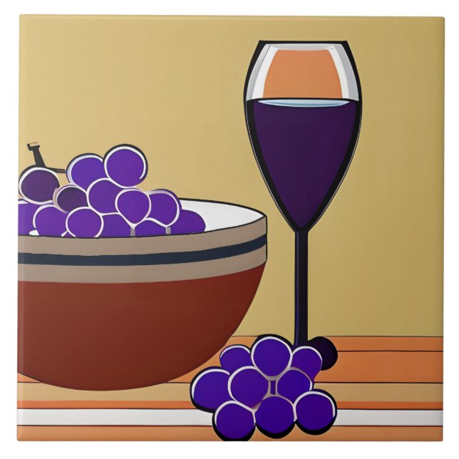 Grapes and Wineglass in Maroon and Tan   Tile (Front)