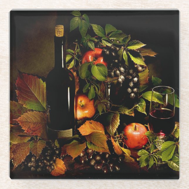 Grapes, Apples and Wine Still Life Glass Coaster (Front)