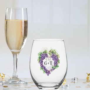 Grapes heart monogram initials wedding stemless wine glass