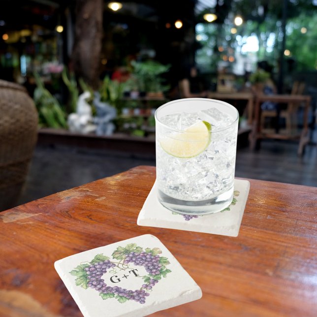 Grapes heart monogram initials wedding stone coaster (Creator Uploaded)