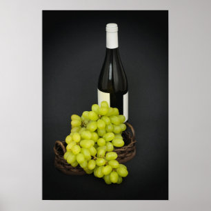 grapes in a basket and bottle of wine poster