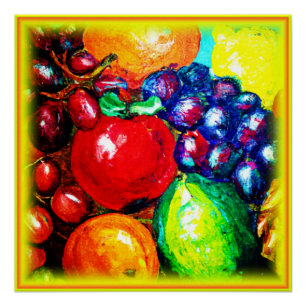 Grapes, Lime, Orange , Apple Fruits. Buy Now Poster