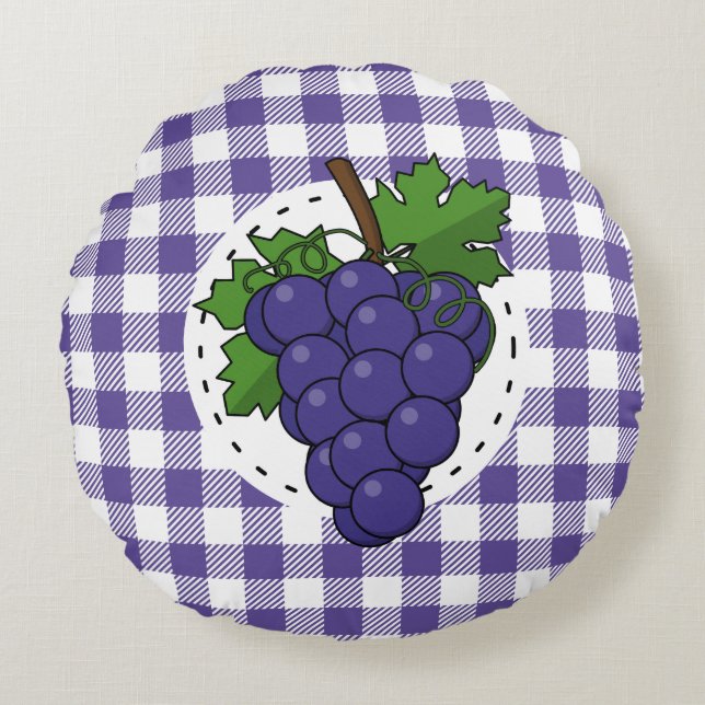 Grapes on White Violet Plaid Round Cushion (Front)