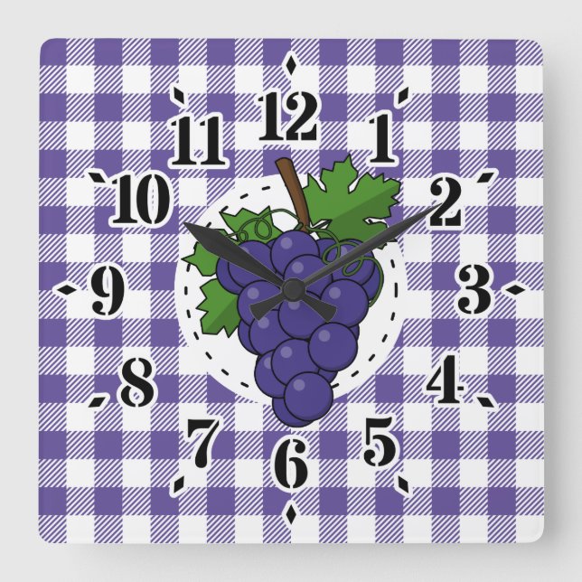 Grapes on White Violet Plaid Square Wall Clock (Front)